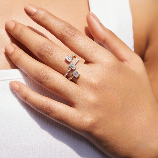 Three Stone Emerald Wrap Lab Grown Diamond Ring