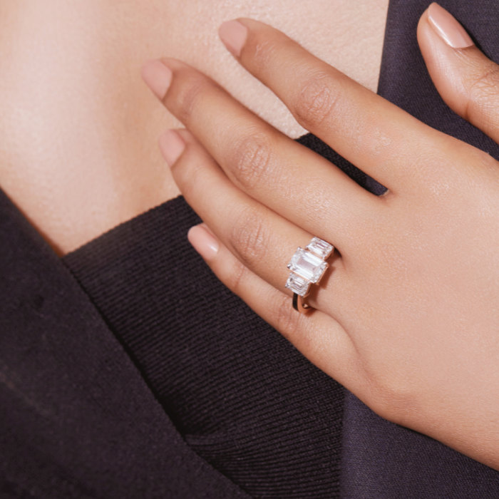 Three Solitaire Emerald Lab Grown Diamond Ring